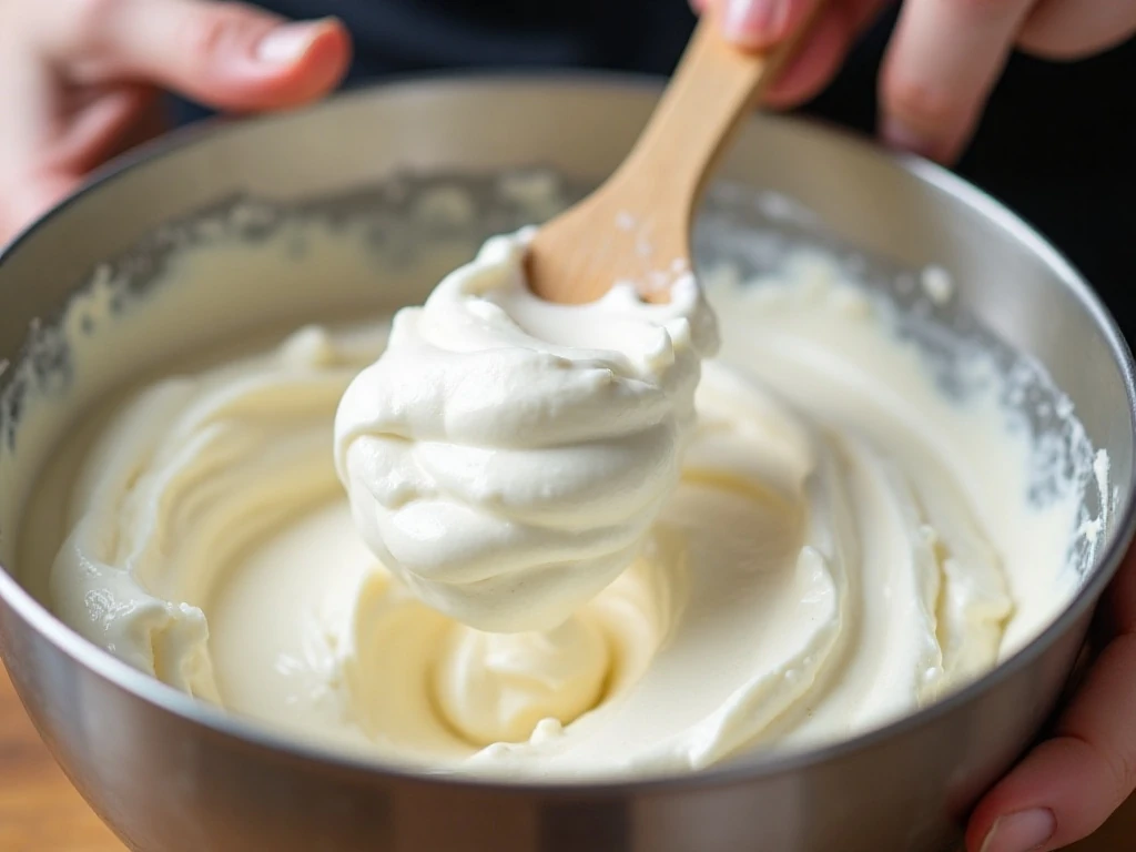 Folding whipped topping into the cheesecake dip mixture