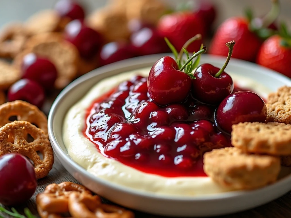 Cherry cheesecake dip with assorted sweet and salty dippers