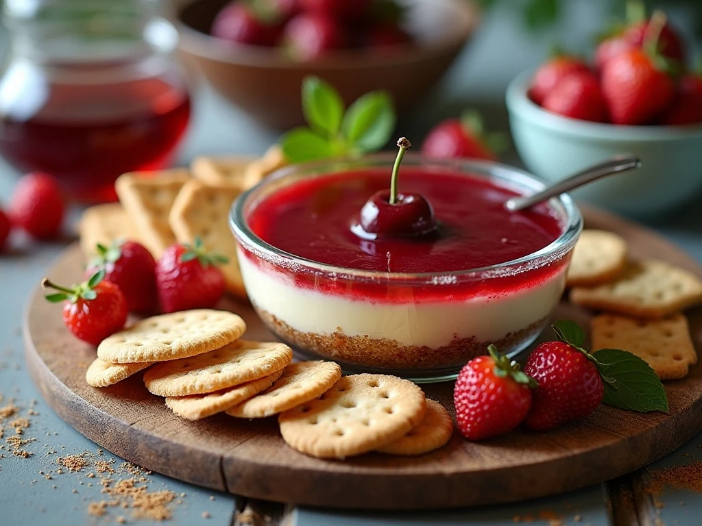 Make-ahead cherry cheesecake dip prepared for a party