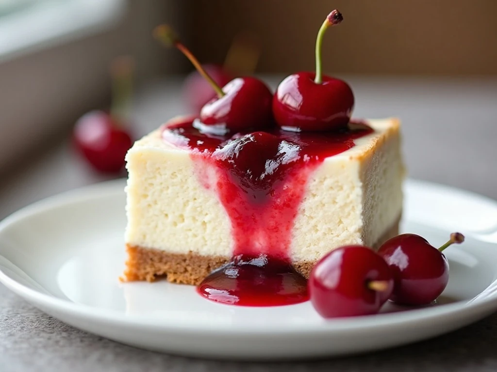 Slice of cherry cheesecake poke cake with creamy topping and cherry filling
