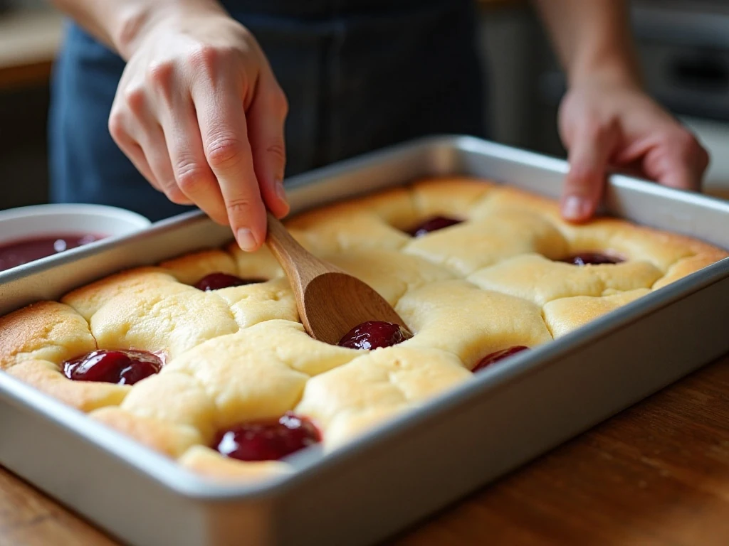 Making holes in baked cake for cherry cheesecake poke cake