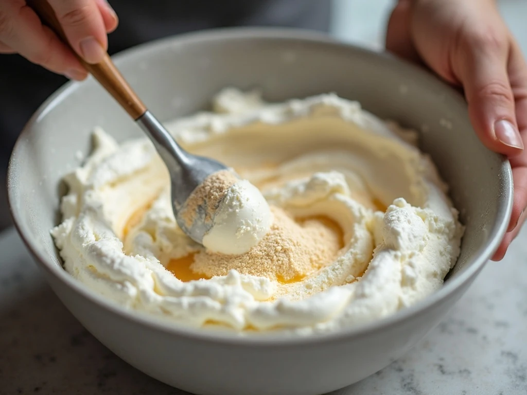 Mixing the creamy cheesecake topping for poke cake