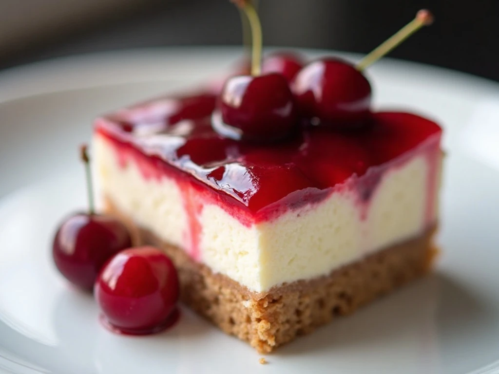 Chilled cherry cheesecake poke cake ready to serve