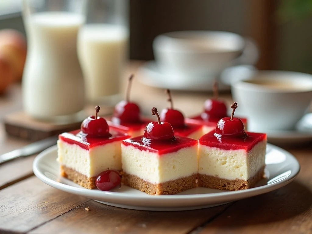 Cherry cheesecake poke cake served with coffee and milk