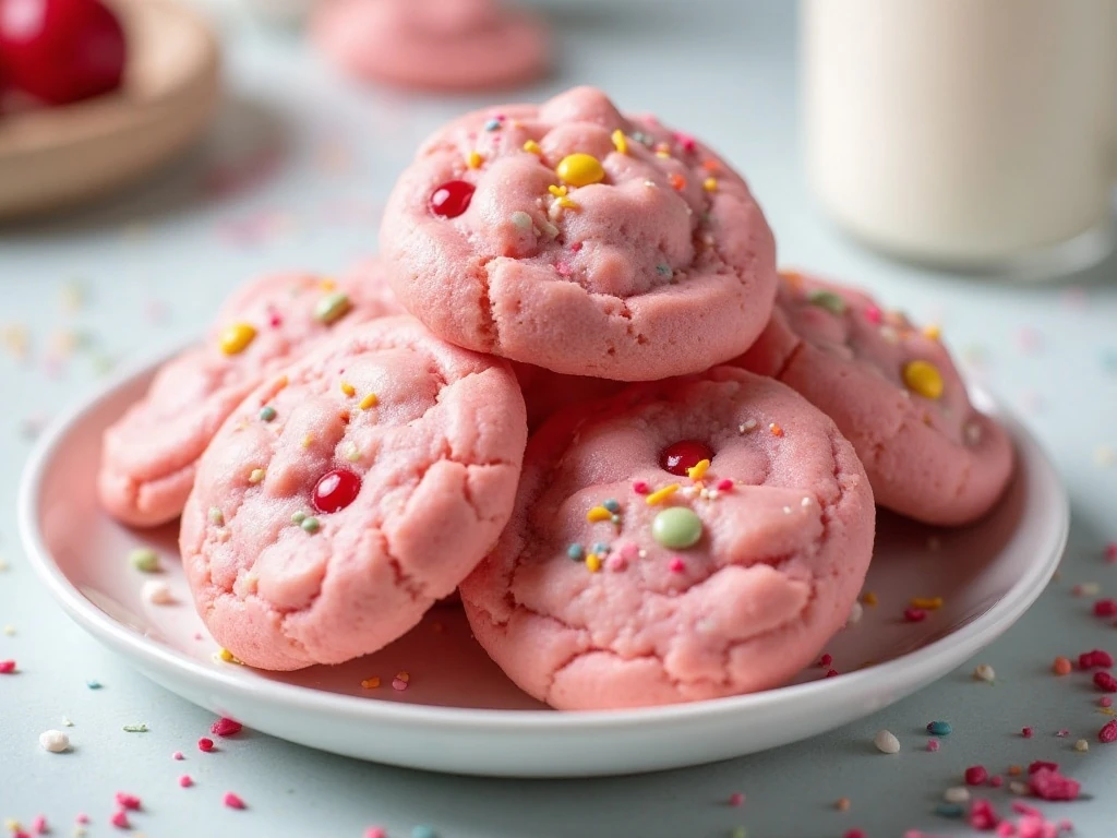 Stack of cherry chip cake mix cookies with colorful sprinkles