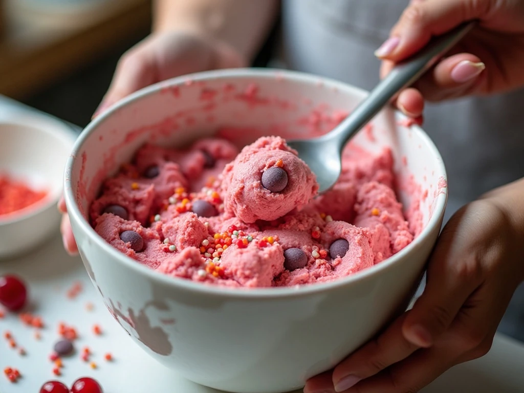 Cherry cookie dough being mixed with chips, cherries, and sprinkles