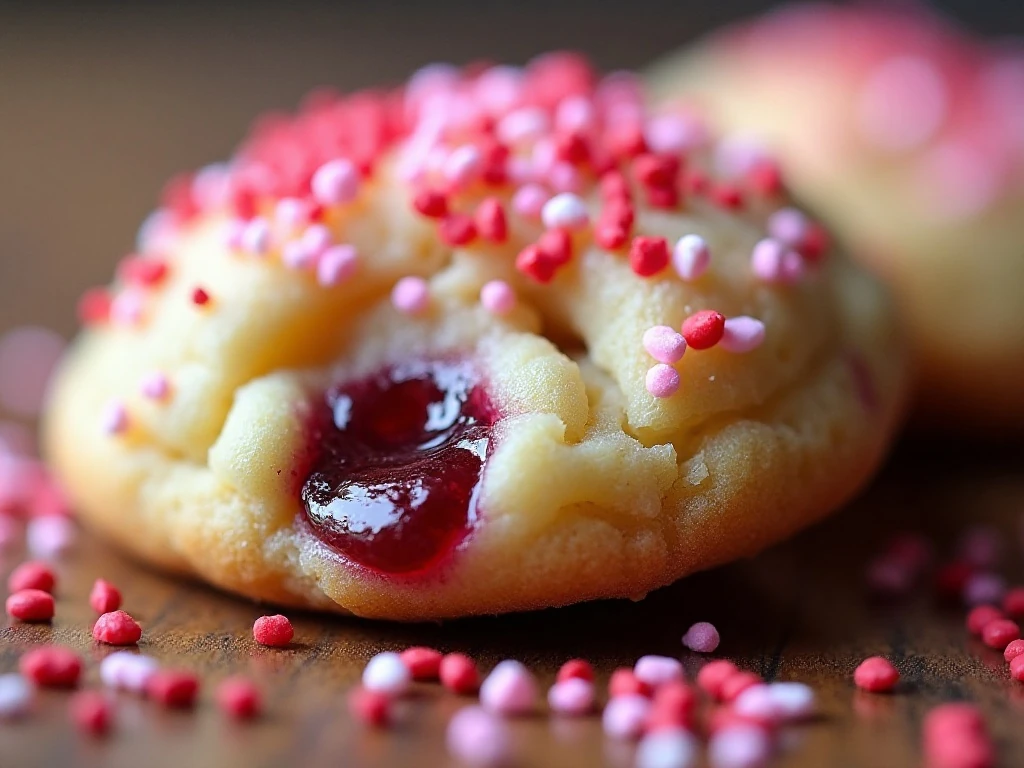 Close-up of sprinkles and cherry chips on a chewy cookie