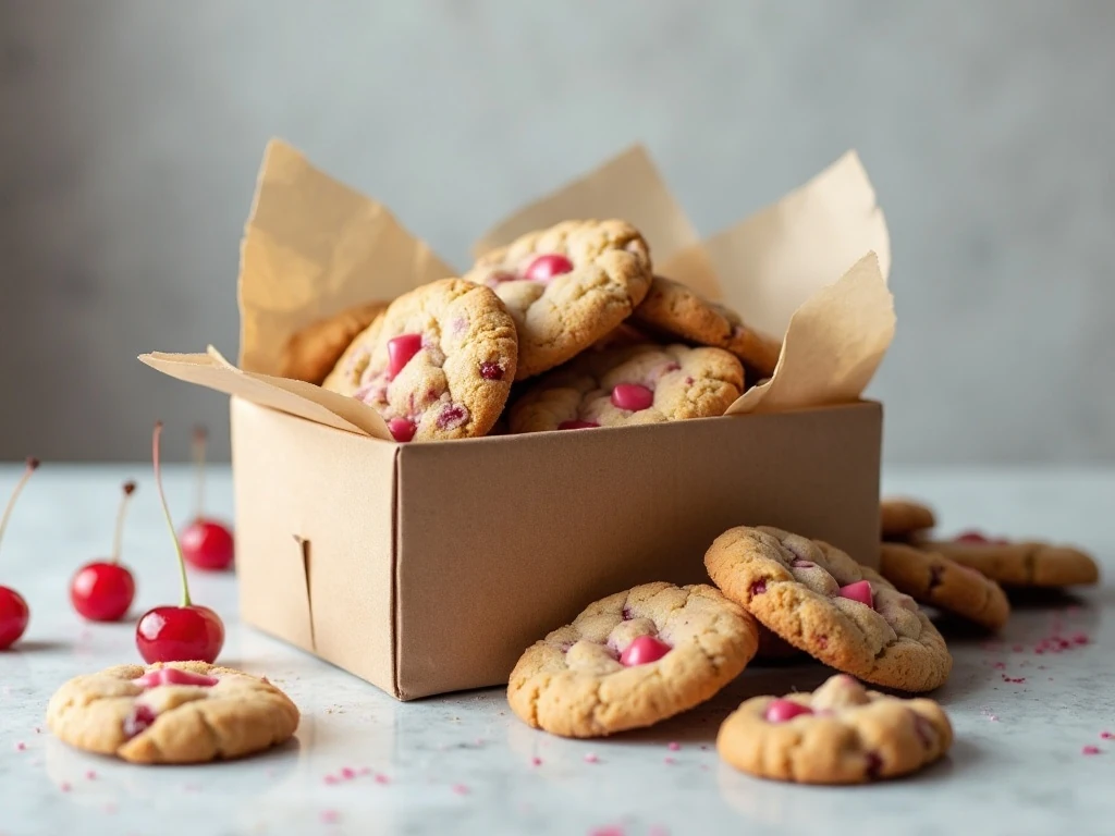 Cherry chip cookies stored in an airtight container