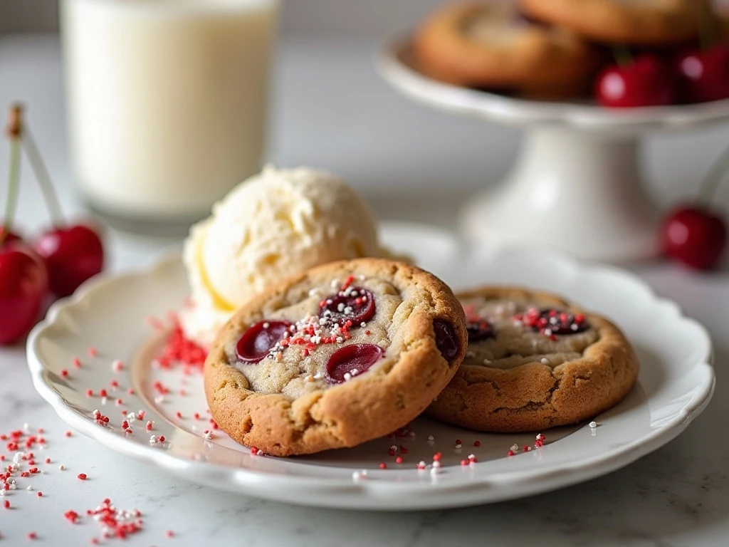 Cherry sprinkle cookies served with milk and cherries