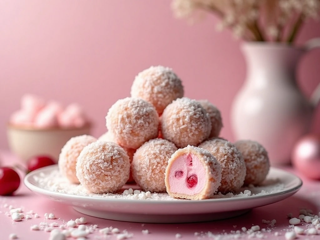 Plate of pink cherry marshmallow balls coated in coconut