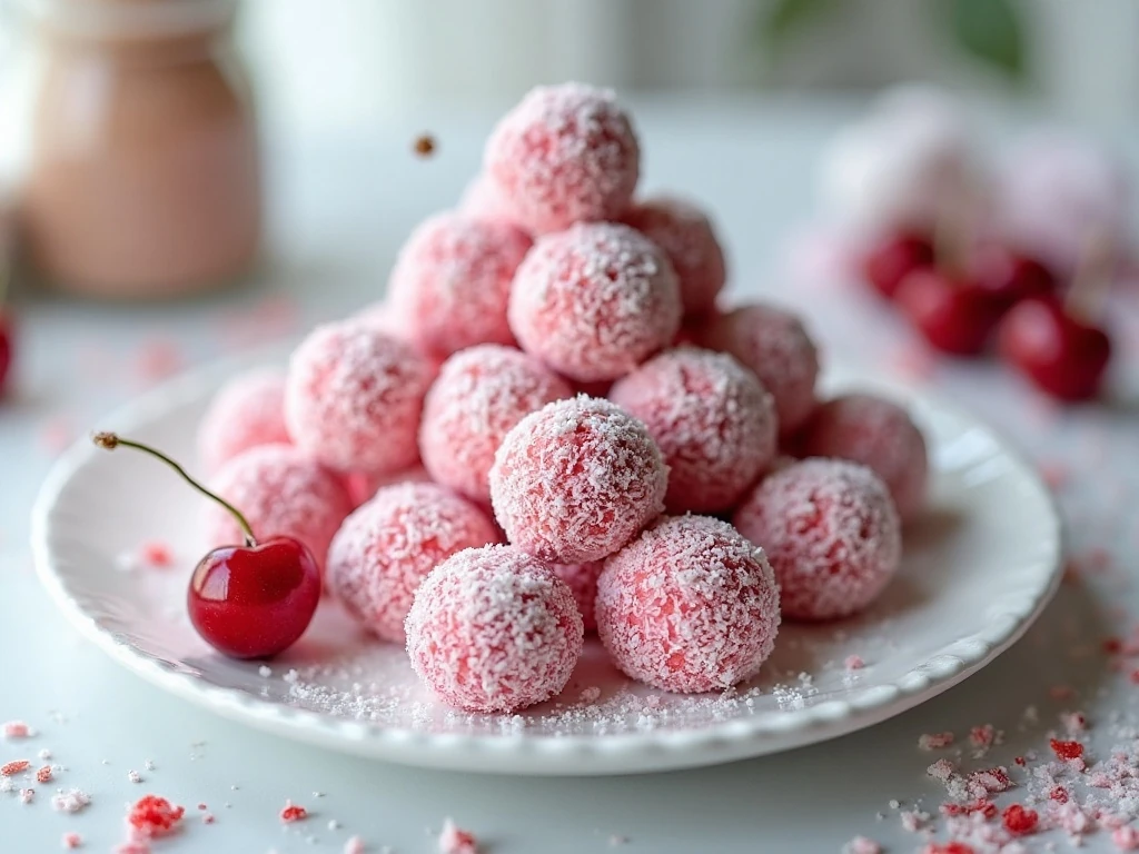 Finished easy cherry marshmallow balls on a serving platter