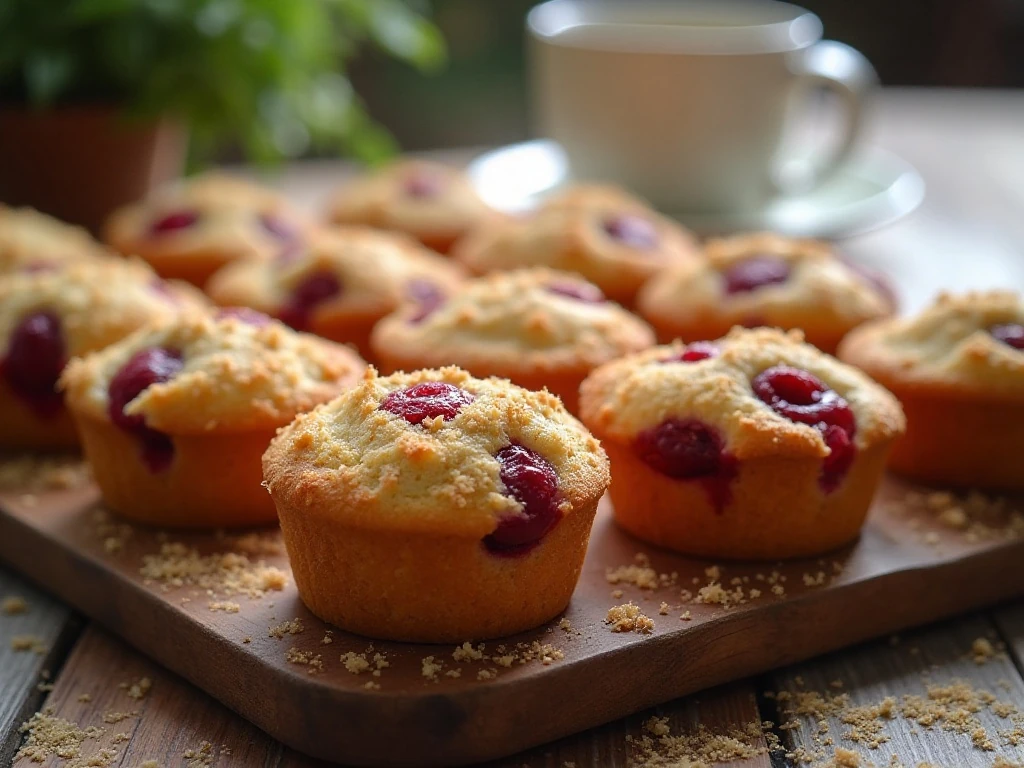 Cherry muffins with crunchy graham crumb streusel arranged for breakfast