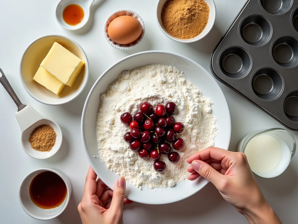Ingredients for cherry muffins and graham cracker streusel