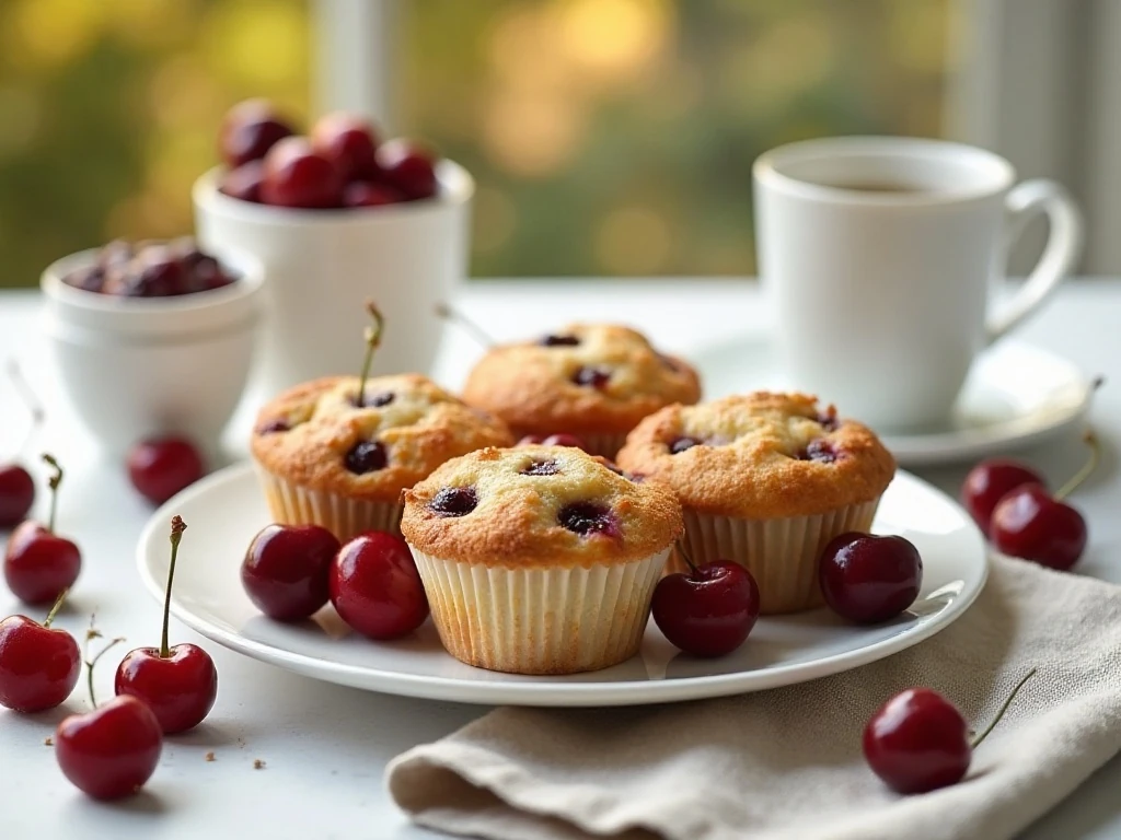 Cherry muffins served with coffee and fresh cherries