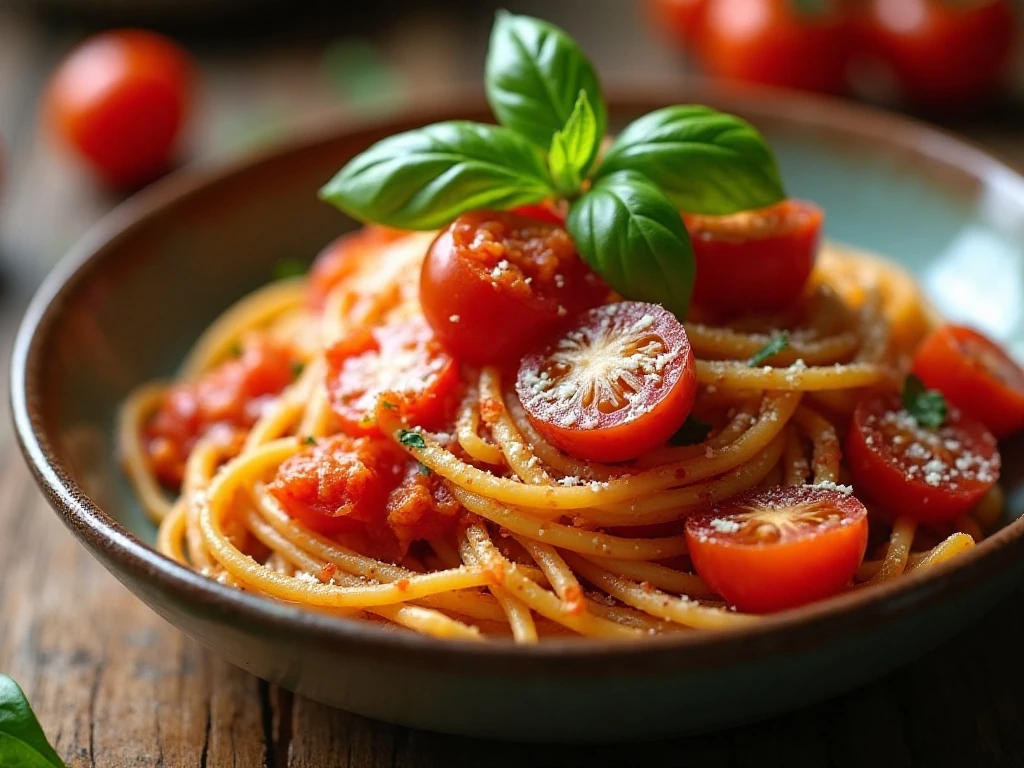 Bowl of pasta with rustic fresh cherry tomato sauce and basil