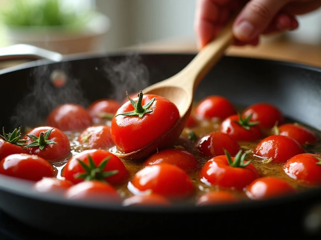 Cherry tomatoes cooking in a skillet for fresh tomato sauce
