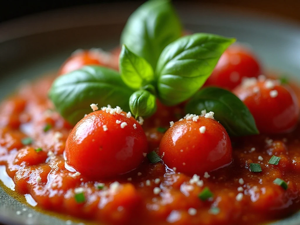 Fresh basil finishing a skillet of cherry tomato sauce