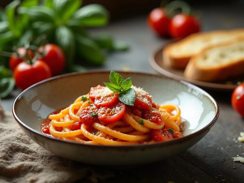 Fresh cherry tomato pasta sauce served with basil and bread
