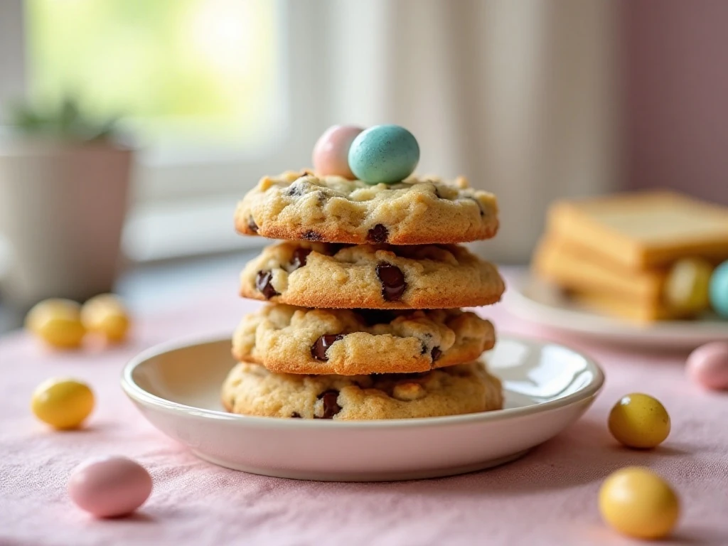 Stack of chewy Cadbury Mini Egg chocolate chip cookies
