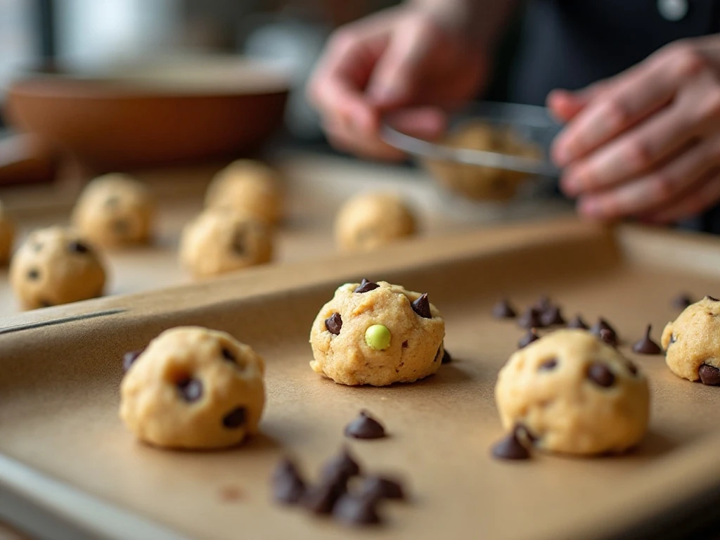 Mini Egg cookie dough balls arranged on baking sheets