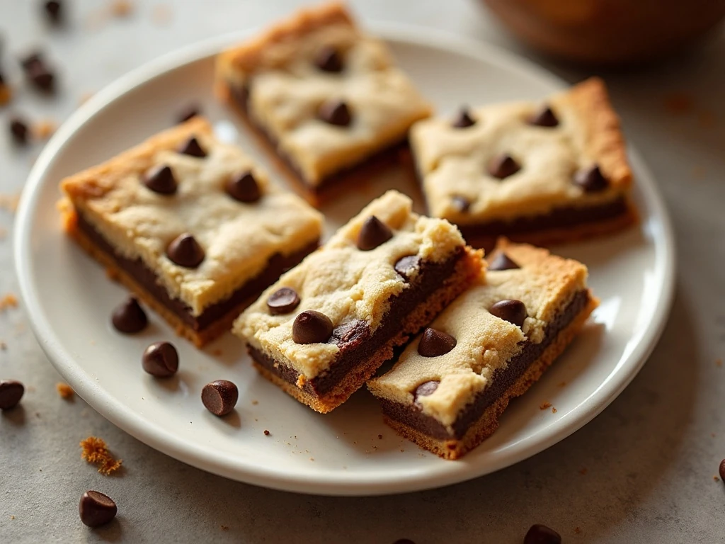 Chewy chocolate chip bar cookies arranged on a plate
