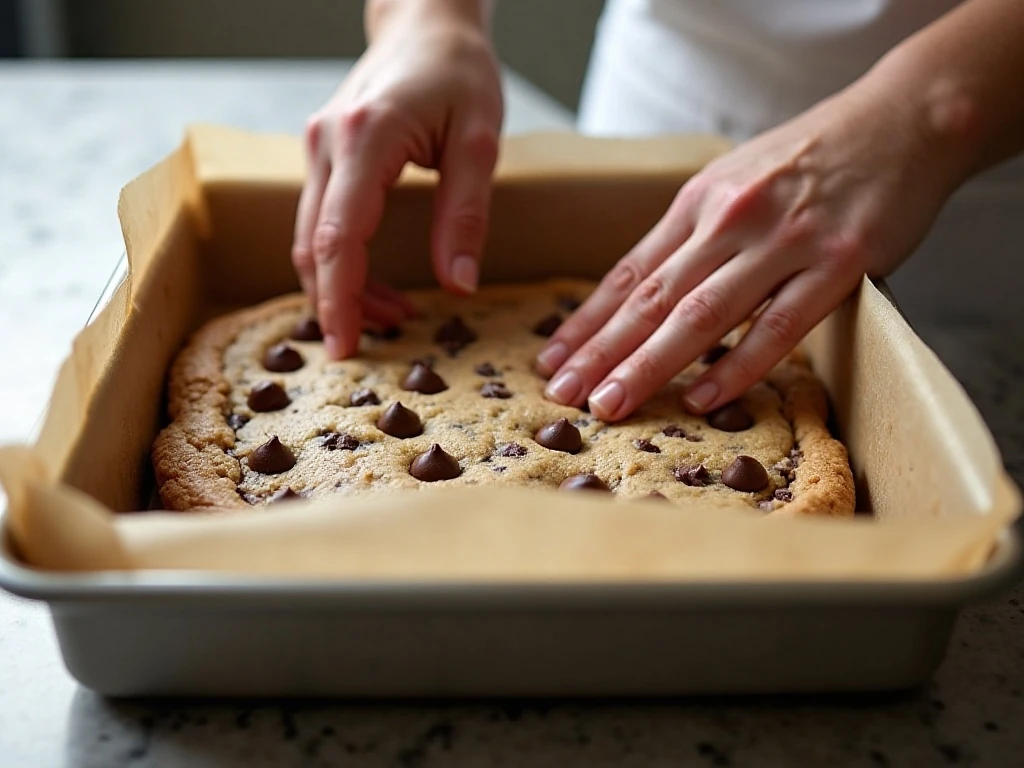 Chocolate chip cookie dough being pressed into a baking pan