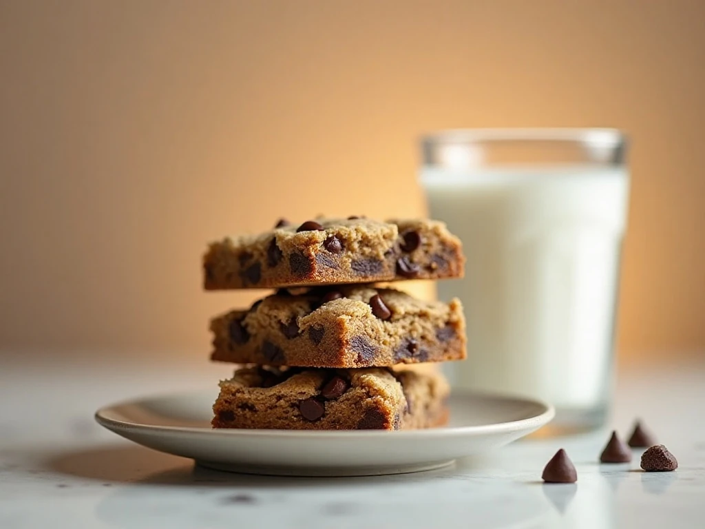 Chocolate chip cookie bars served with milk