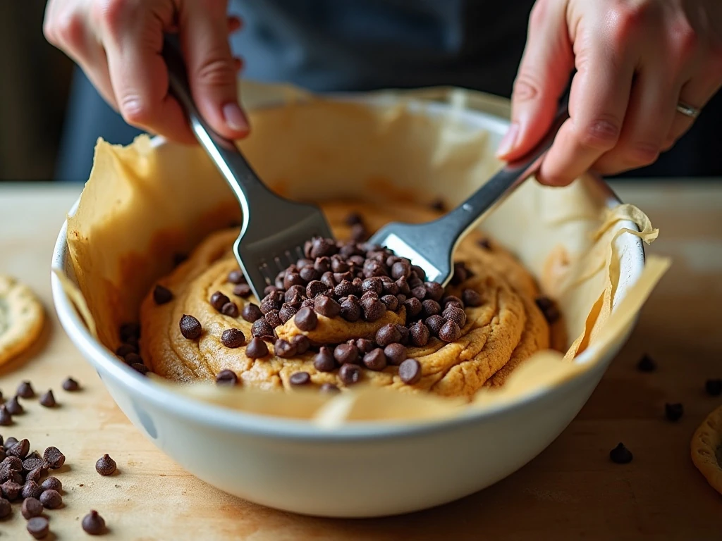 Chocolate chips being folded into chewy cookie dough