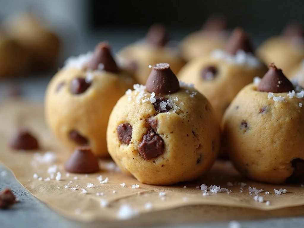 Cookie dough balls topped with chocolate chunks and flaky salt