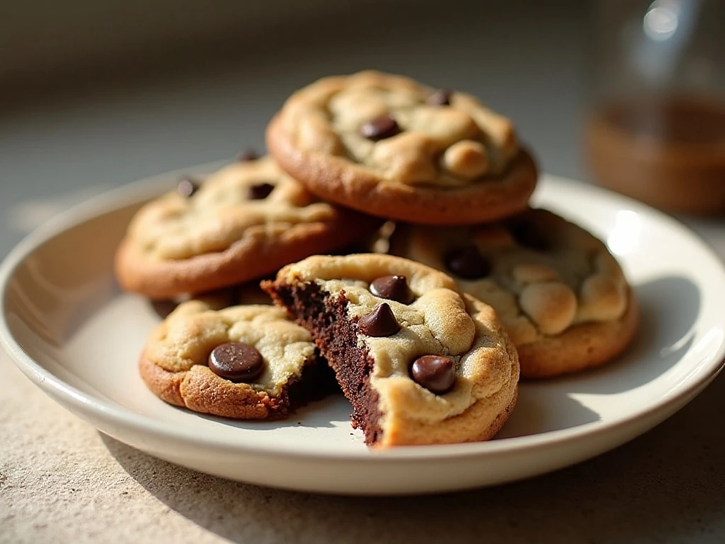 Stack of thick chewy chocolate chip cookies with soft chocolate-filled centers