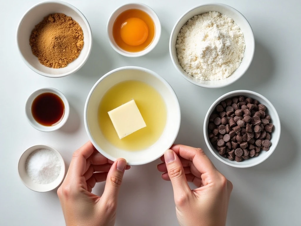 Ingredients for chewy chocolate chip cookies arranged in a flat lay