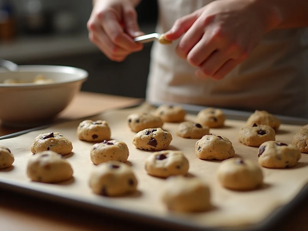 Chocolate chip cookie dough portions on a parchment-lined baking sheet