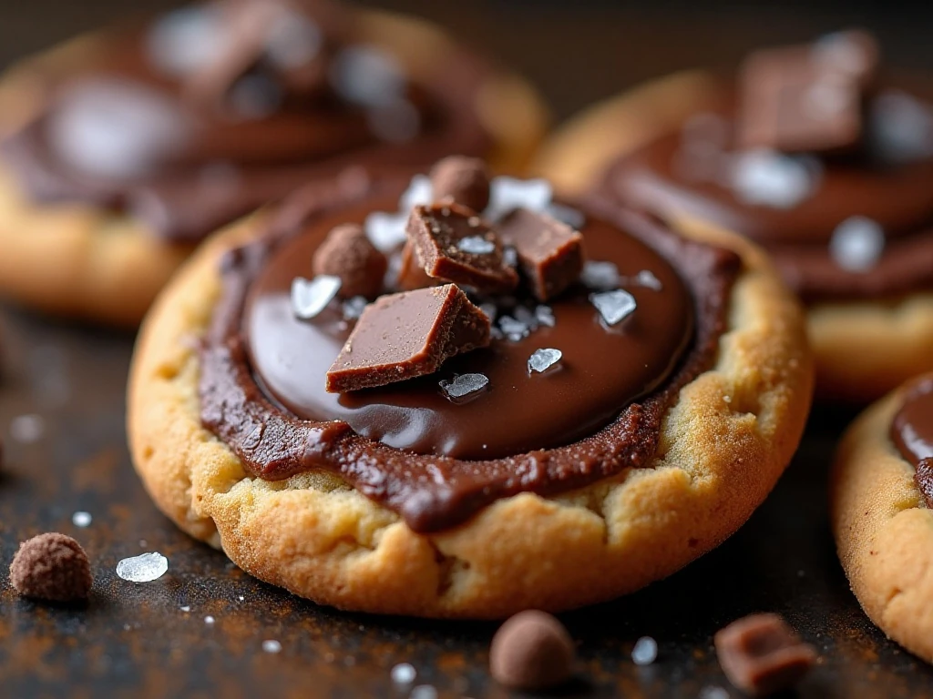 Close-up of chewy chocolate cookie with melted chocolate and flaky sea salt