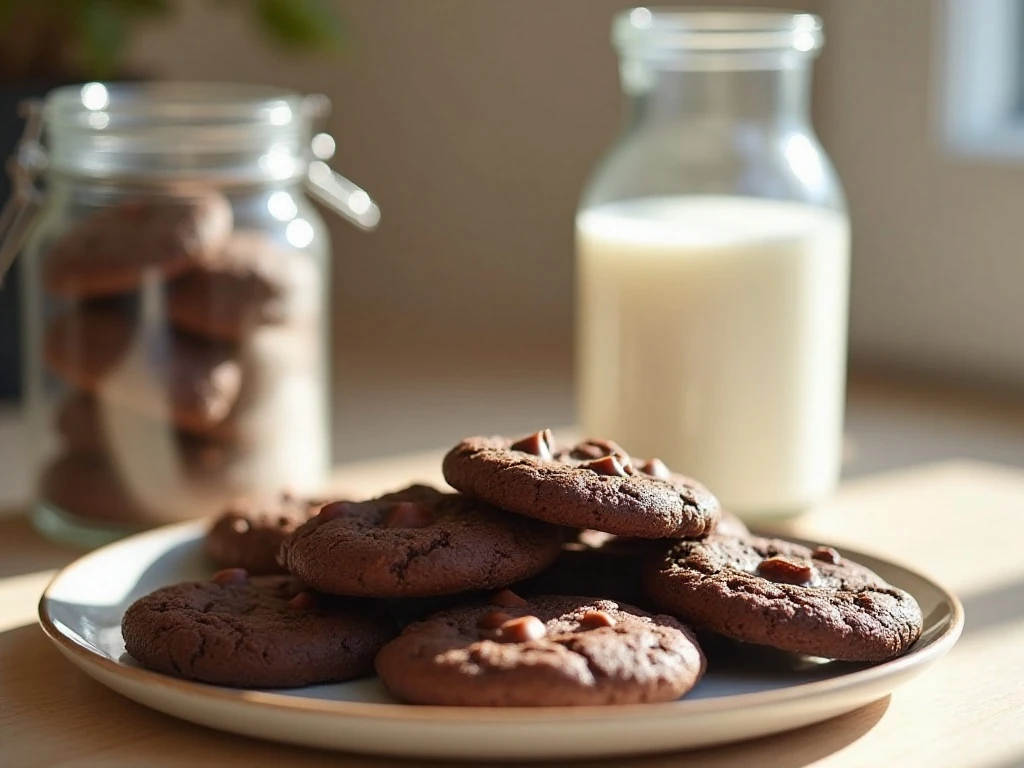 Chewy chocolate cookies served with milk and stored in an airtight container