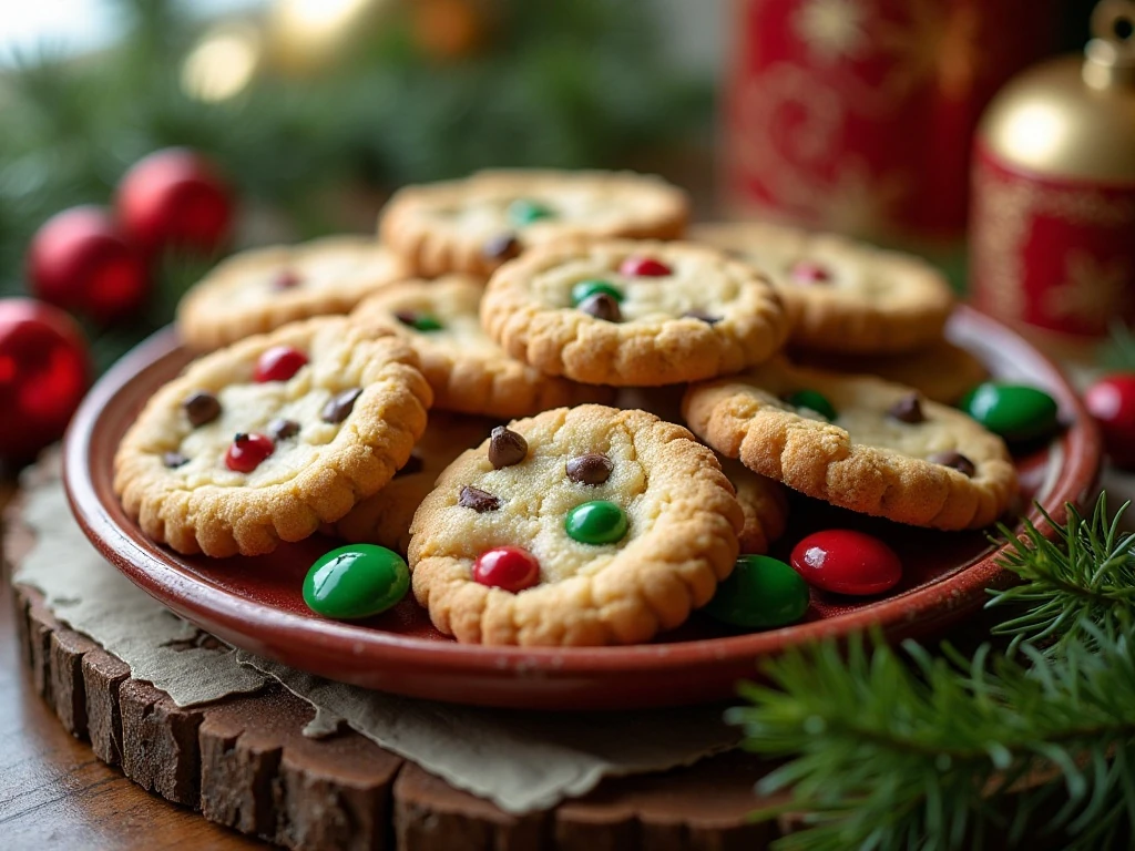 Platter of chewy Christmas chocolate chip cookies with red and green candies