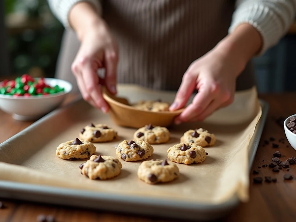 Portioning chilled Christmas cookie dough onto a parchment-lined baking sheet