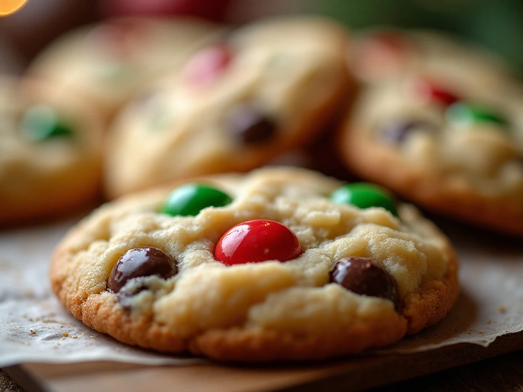 Close-up of soft-centered Christmas cookies with festive candy topping