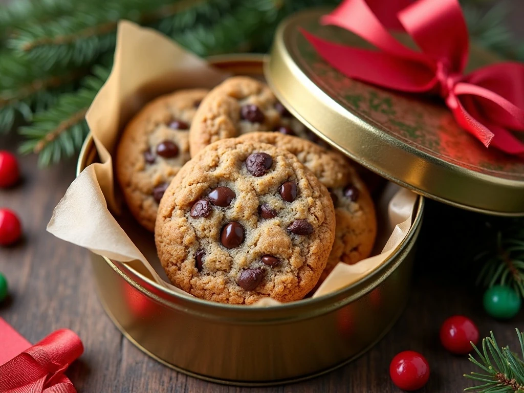 Christmas chocolate chip cookies arranged for serving and gifting