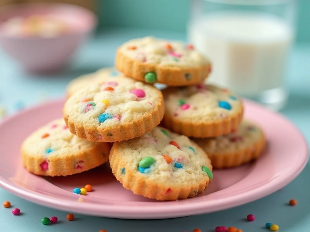Stack of soft and chewy confetti cookies with colorful rainbow sprinkles