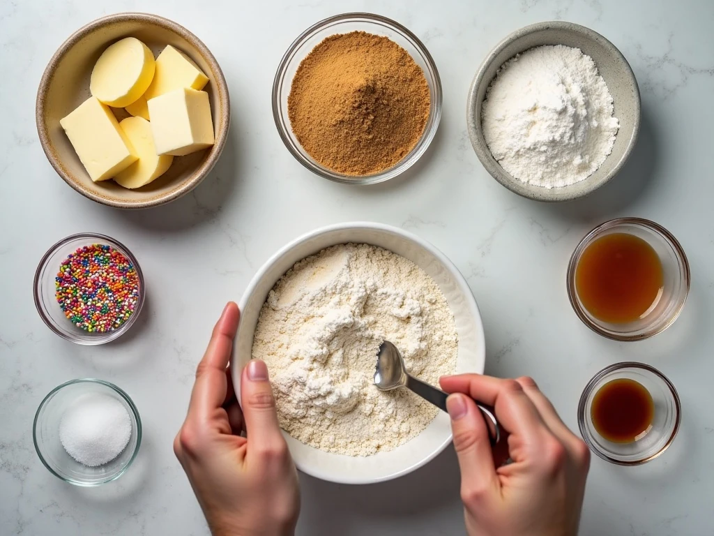 Ingredients for soft and chewy confetti cookies arranged on a baking counter