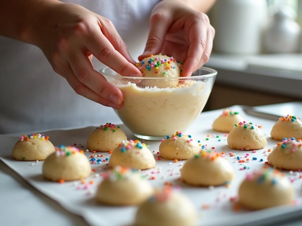 Rainbow sprinkles being folded into confetti cookie dough