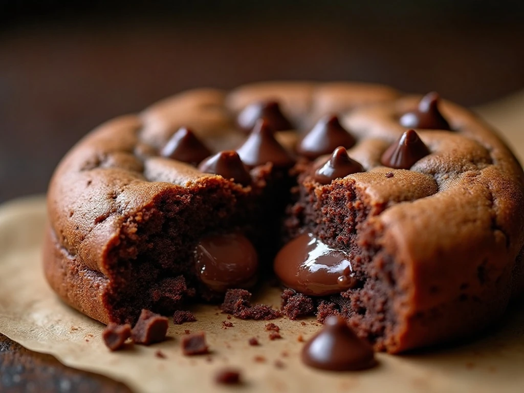 Fudgy center and chocolate chips inside a brownie cookie