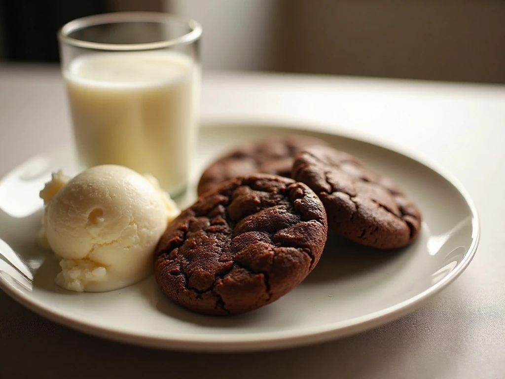 Brownie cookies served with milk and vanilla ice cream
