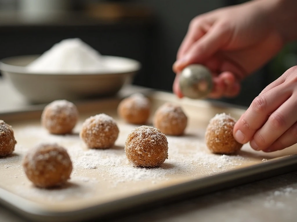 Sugar-coated ginger cookie dough balls on a baking sheet