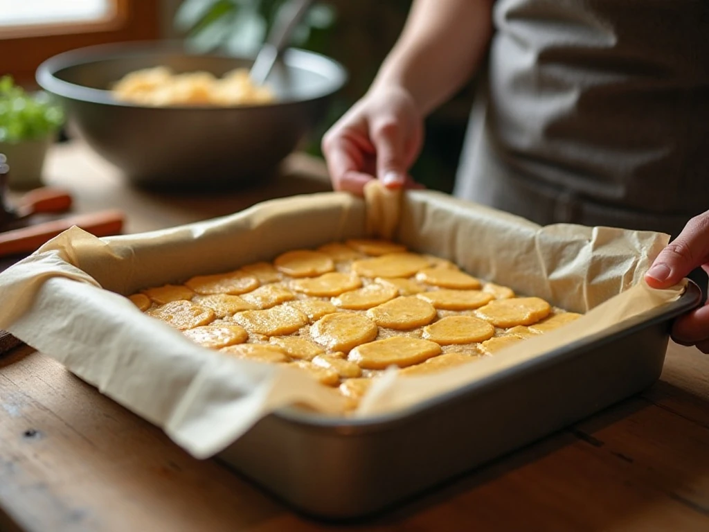 Pressing sticky hermit bar dough into a square pan