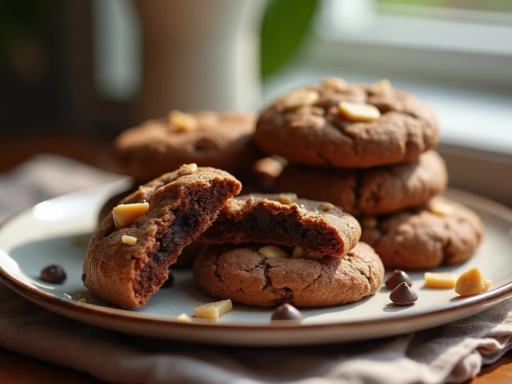 Stack of chewy mocha toffee chip cookies showing soft cocoa centers