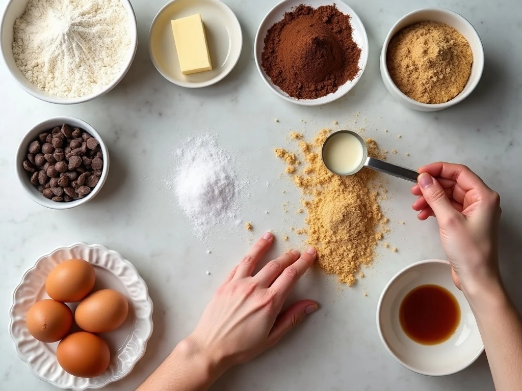 Ingredients for mocha toffee chip cookies arranged for baking