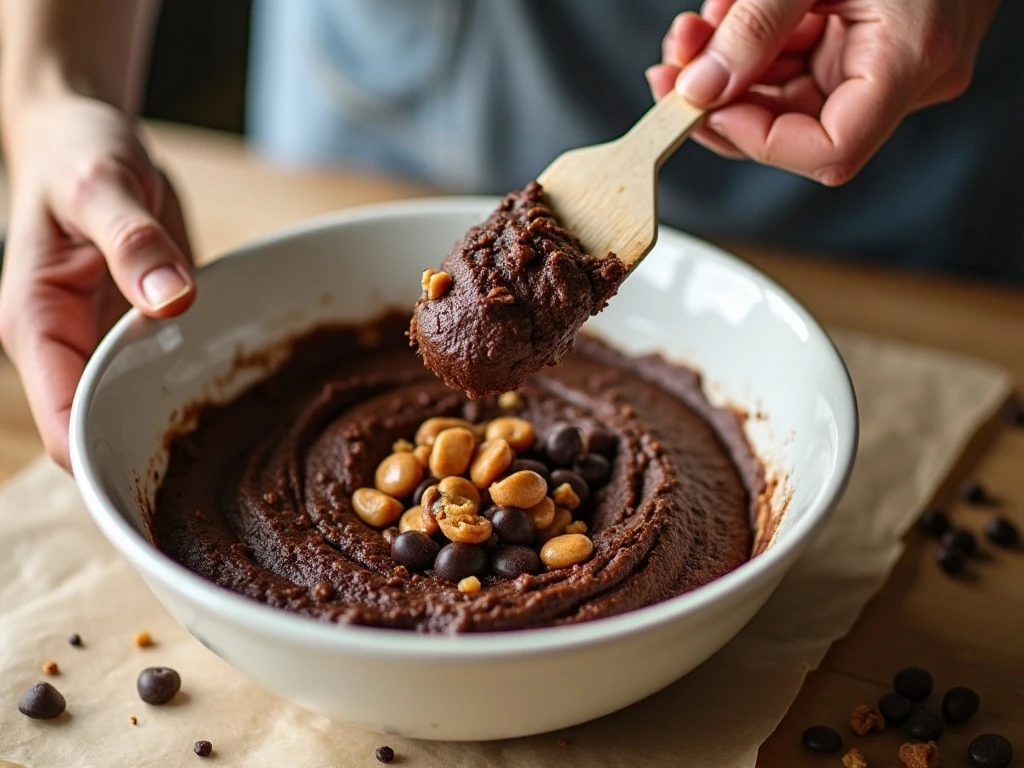 Chocolate chips and toffee bits being folded into mocha cookie dough