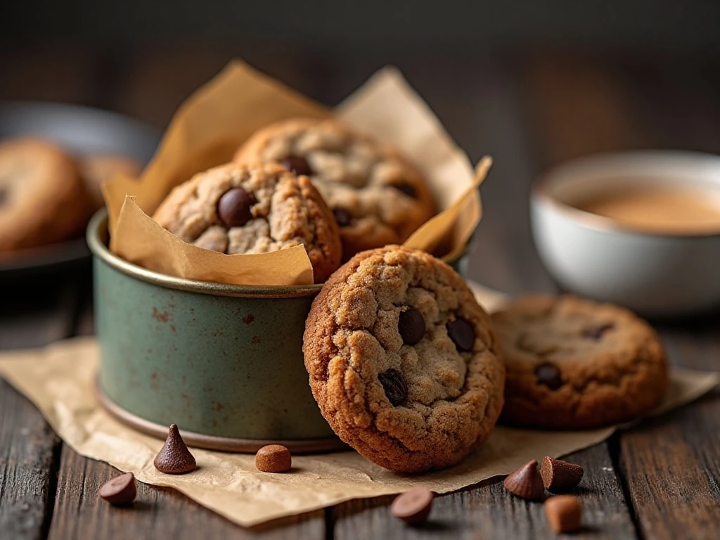 Mocha toffee chip cookies stored in an airtight cookie tin