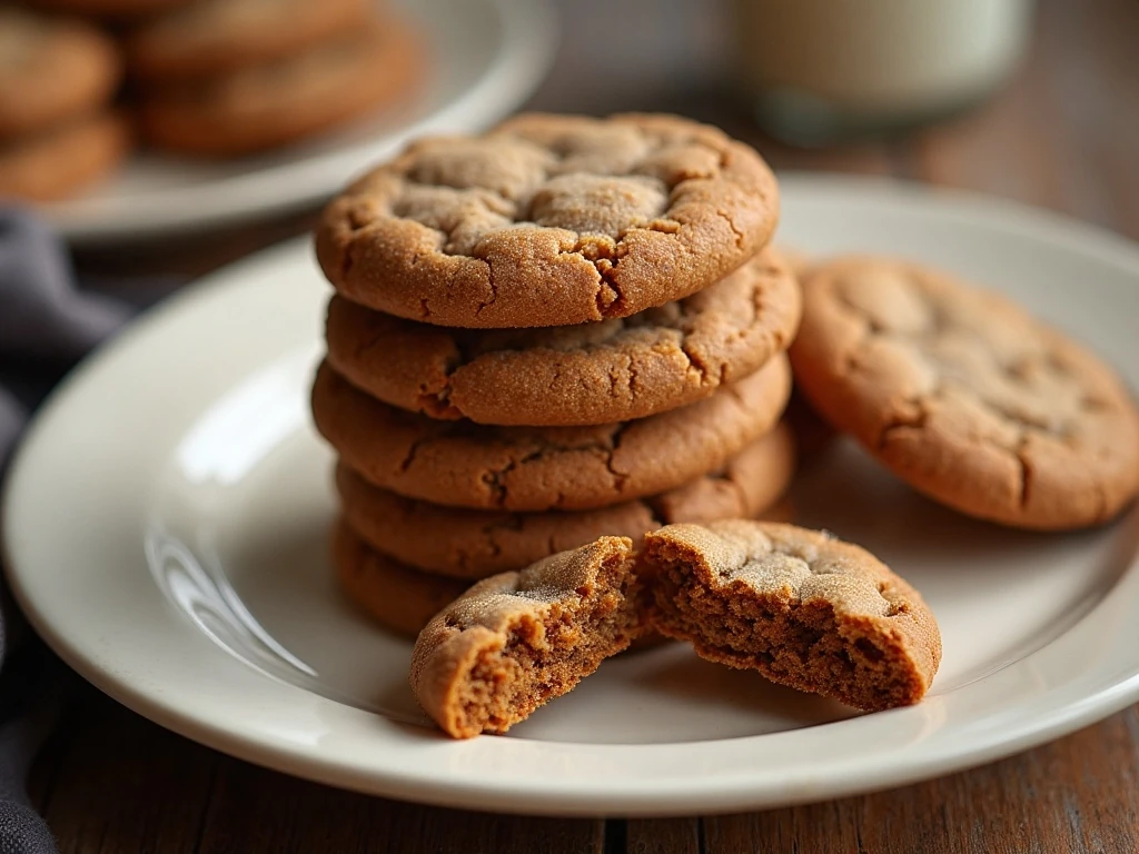 Stack of soft and chewy molasses cookies with crackled sugar tops